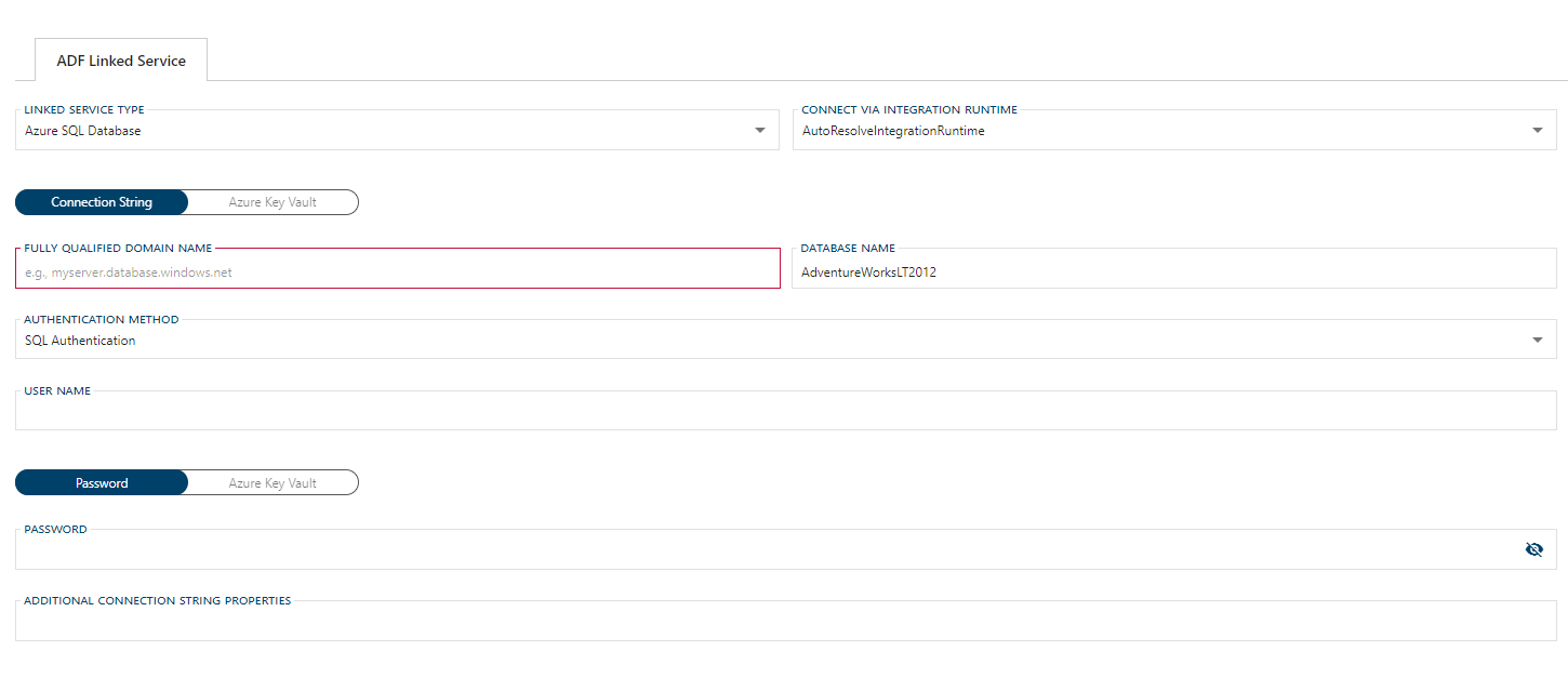 Azure SQL Database Linked Service Form Azure SQL Database Linked Service Form