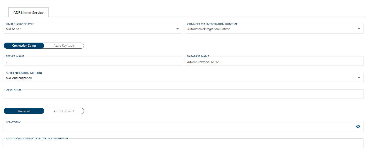 SQL Server Linked Service Form SQL Server Linked Service Form