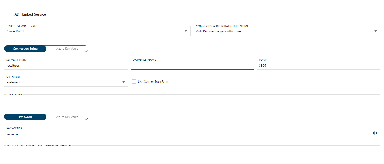 Azure MySQL Linked Service Form Azure MySQL Linked Service Form