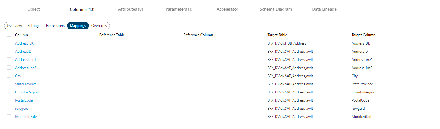 Columns - Mappings View