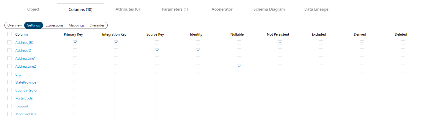 Columns - Settings View