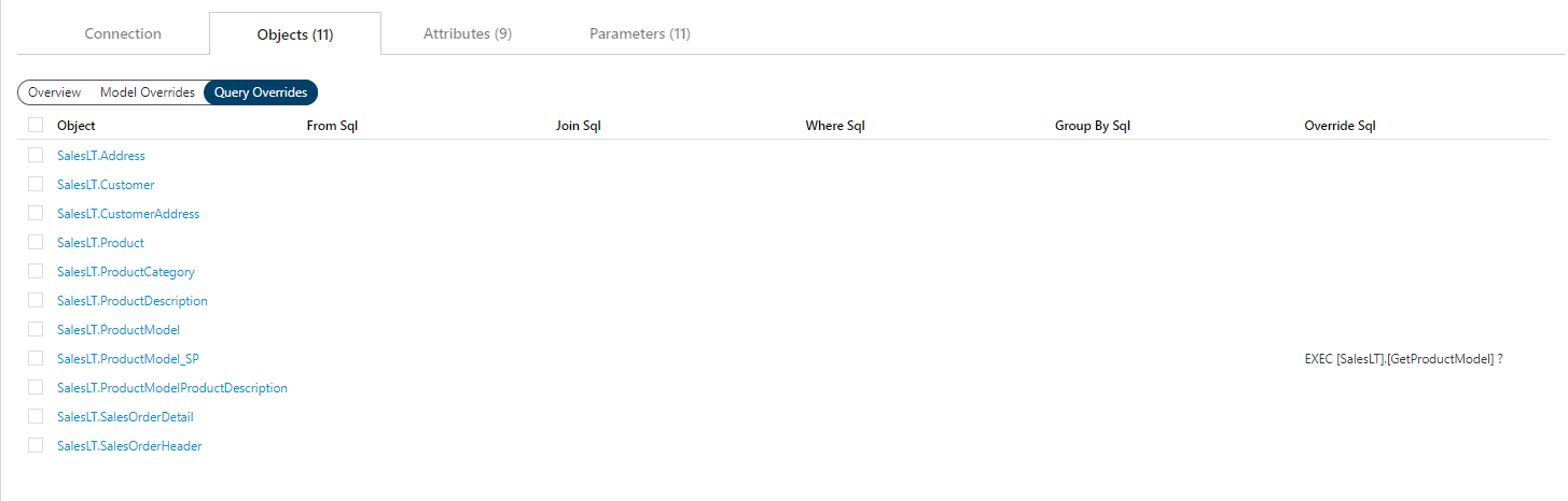 Objects Tab - Query Overrides View
