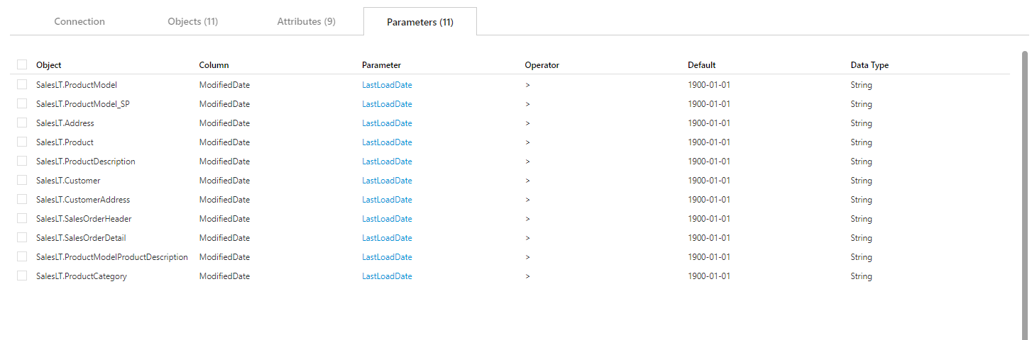 Parameters Tab - Table Descriptions